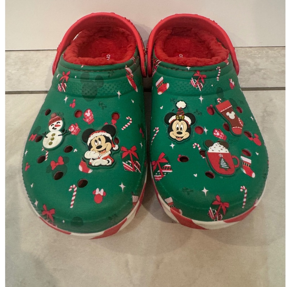 Crocs Kids Disney Mickey Mouse Holiday Fuzz Lined Clogs Green Red J4 Candy Cane